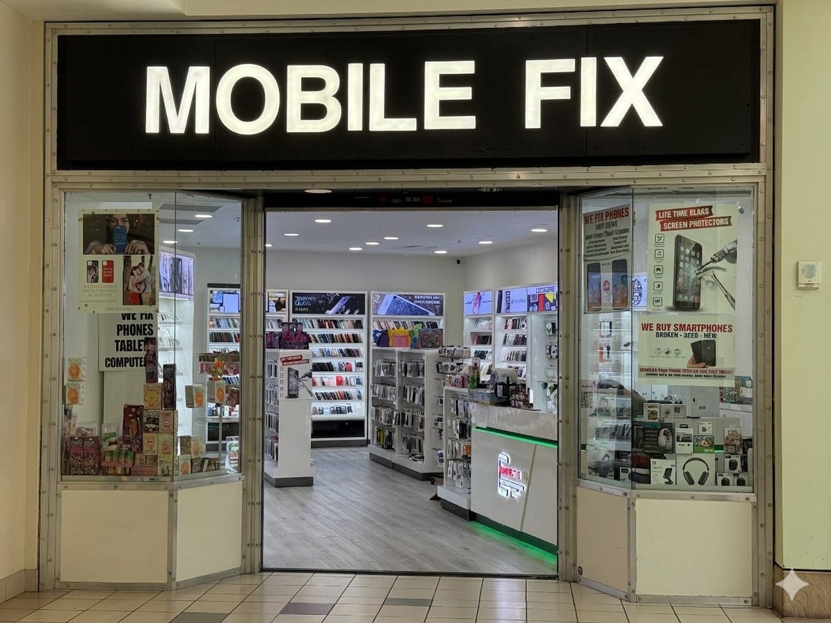 Mobile Fix storefront at Moreno Valley Mall, phone and tablet repair shop