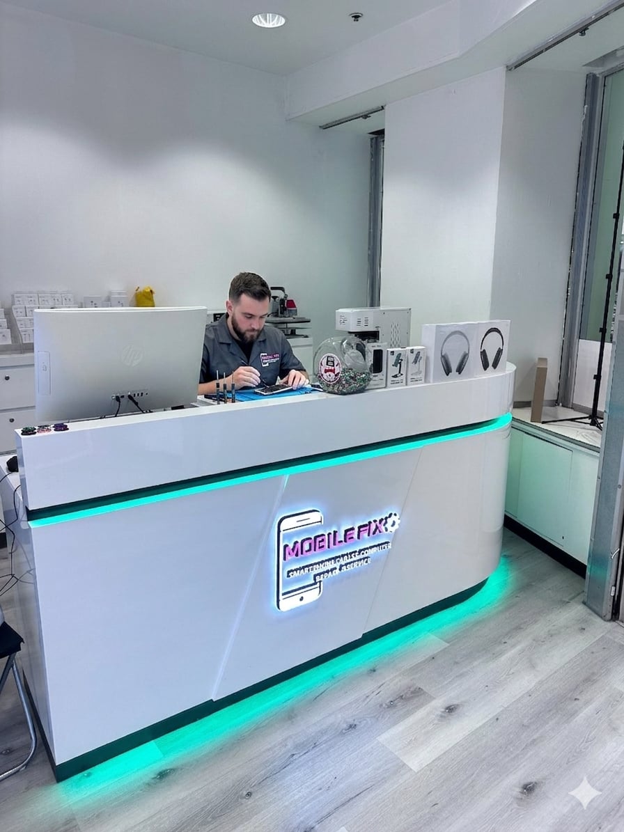 Mobile Fix technician working on a device at our Moreno Valley shop