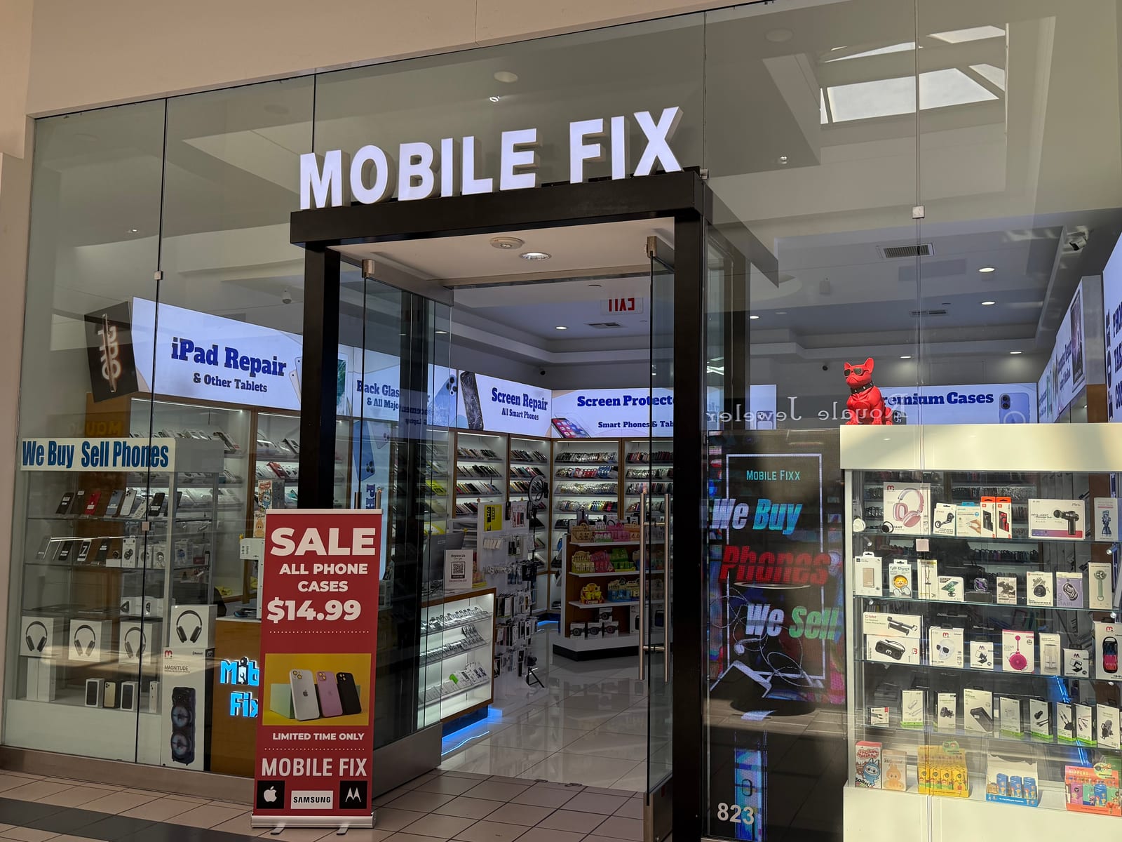 Mobile Fix storefront at Plaza West Covina mall, phone and tablet repair shop